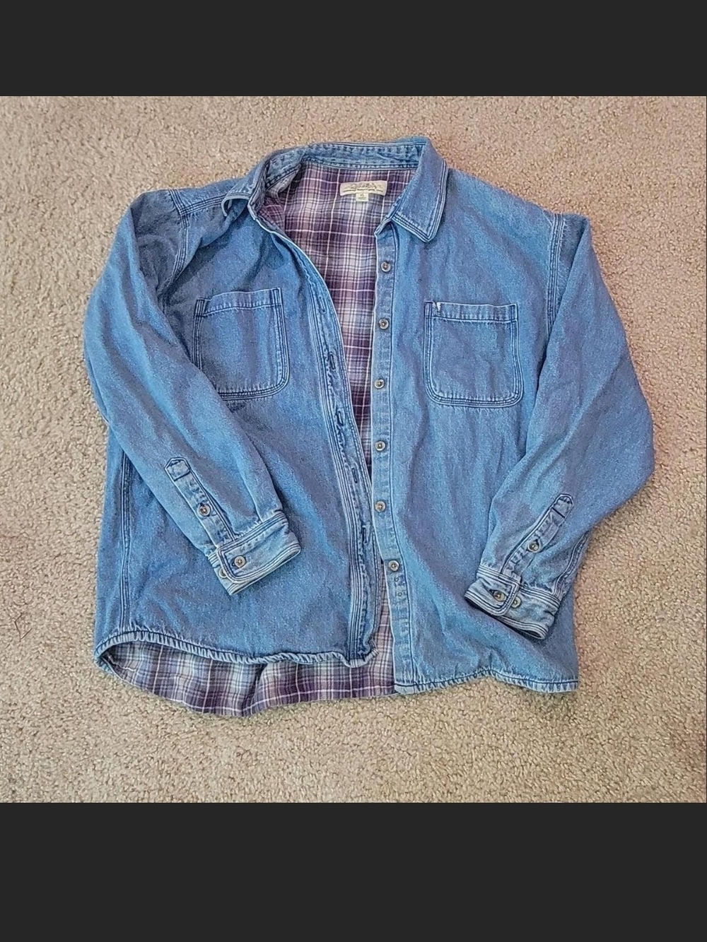 Cabela's Light Blue Denim Button-Down Shirt with Plaid Interior
